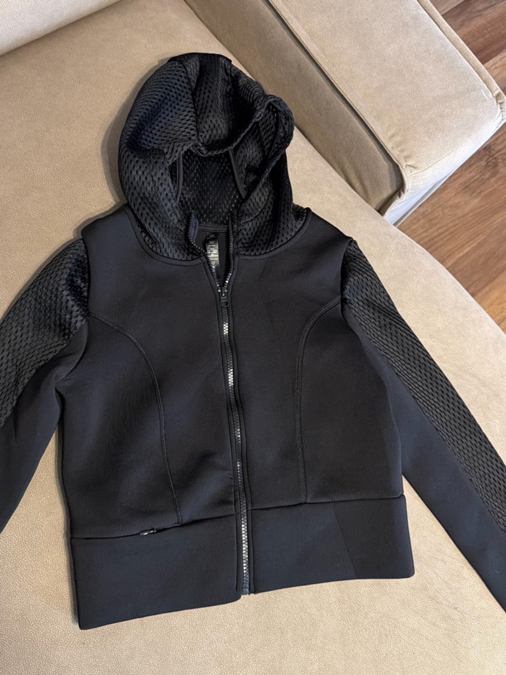 90 Degree By Reflex Black Mesh-Sleeve Hooded Bomber Jacket